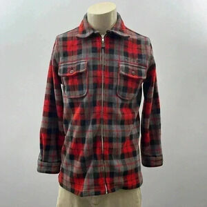 Fleece Flannel Shirt Size M Ralph Lauren Zip Up Red Gray Logo Camping Hiking